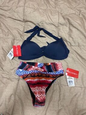Brazilian Bikini Halter Tie Top Multicolor Patterned High-Waist bikini NWT Large